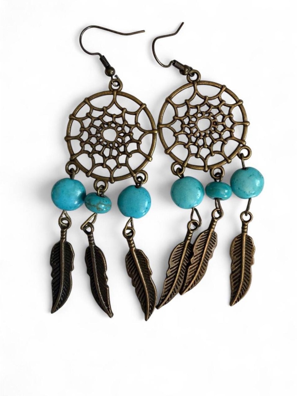 Handmade Bronze Dreamcatcher Earrings with Turquoise Beads & Feathers
